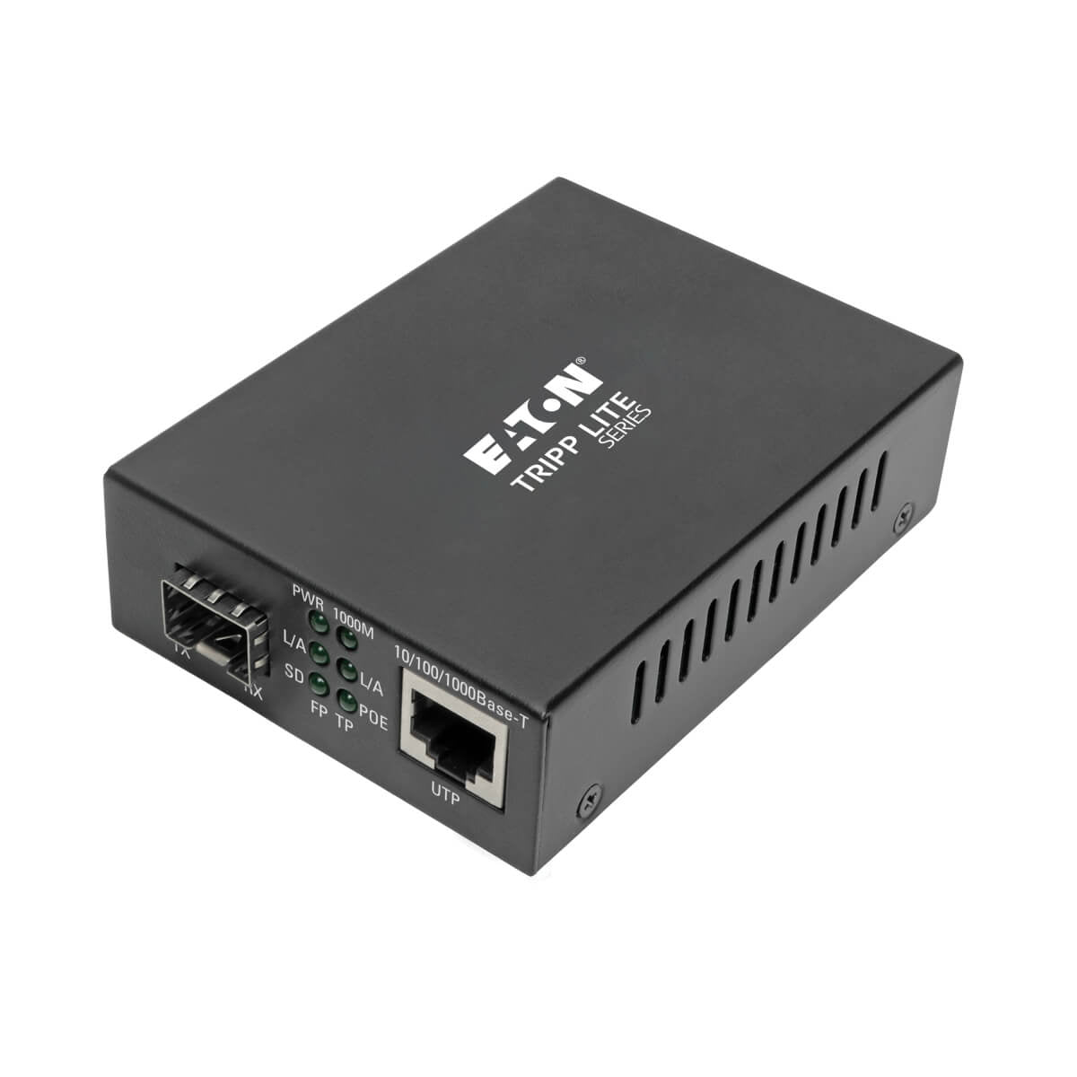 Tripp Lite N785-INT-PSFP Medienkonverter SFP zu RJ-45 – Gigabit, PoE+ (48 V), Multi/Singlemode – Schwarz