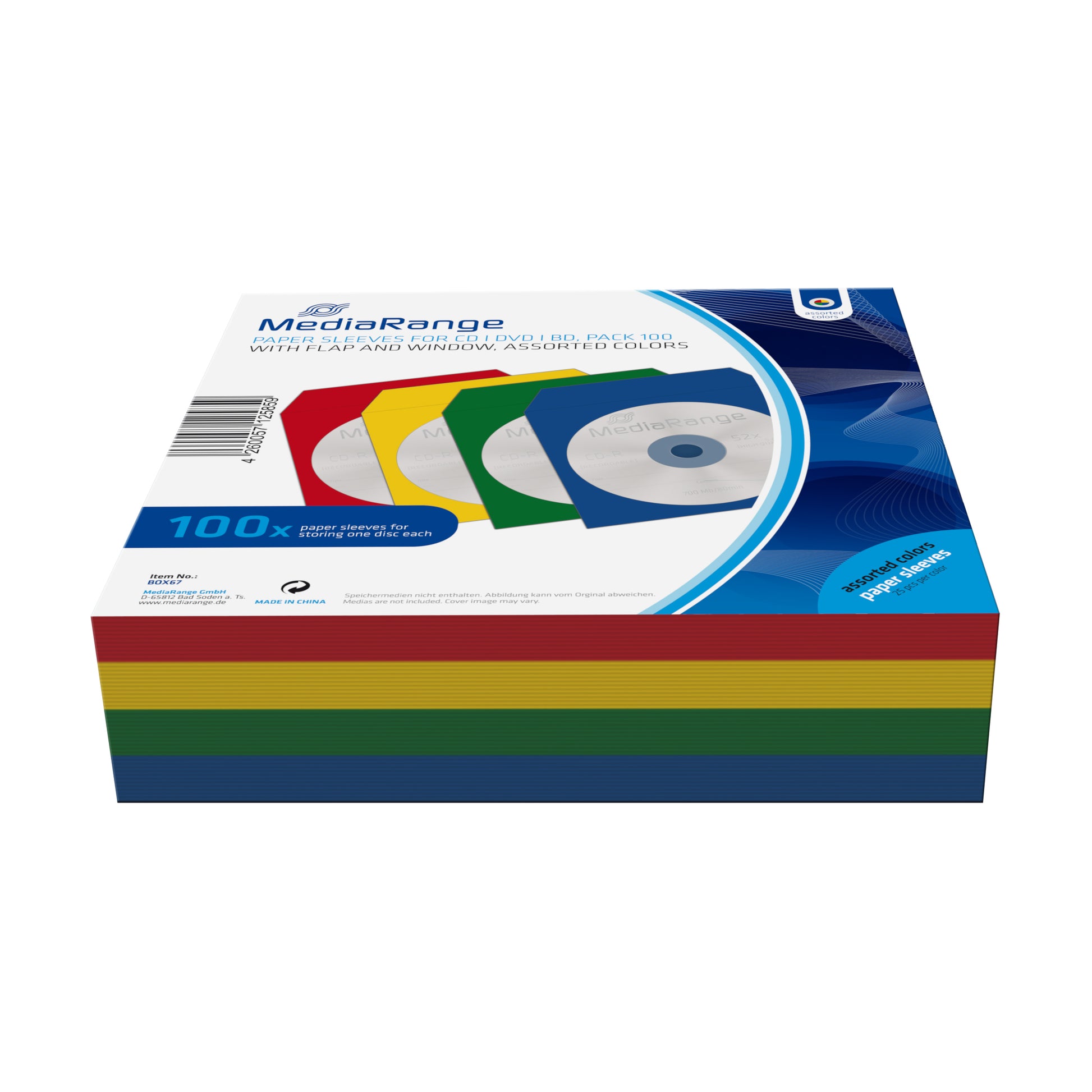 MediaRange CD-Tasche – 1 Disk, Papier, Mehrfarbig (Blau, Grün, Rot, Gelb), 125 × 125 mm, 100er Pack