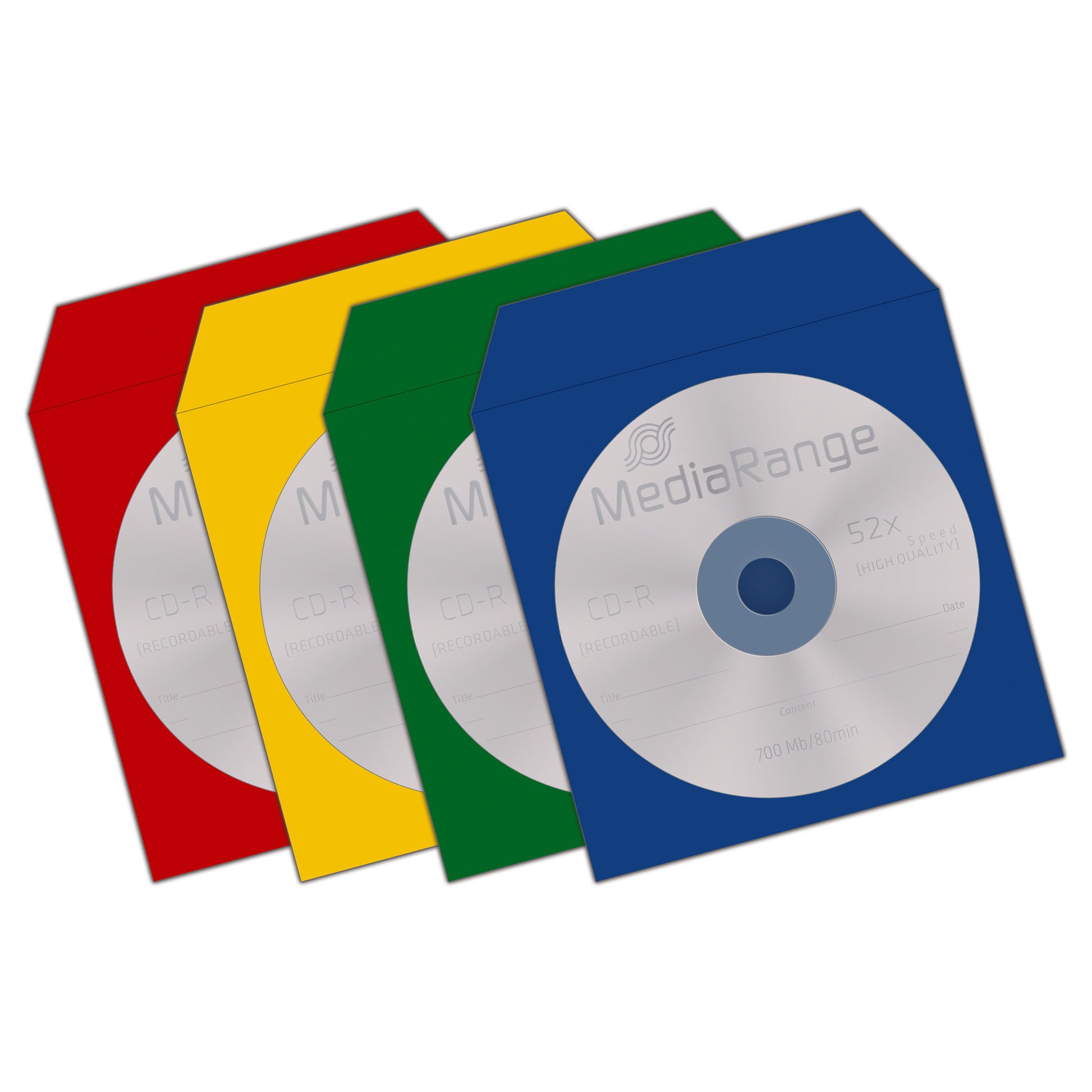 MediaRange CD-Tasche – 1 Disk, Papier, Mehrfarbig (Blau, Grün, Rot, Gelb), 125 × 125 mm, 100er Pack