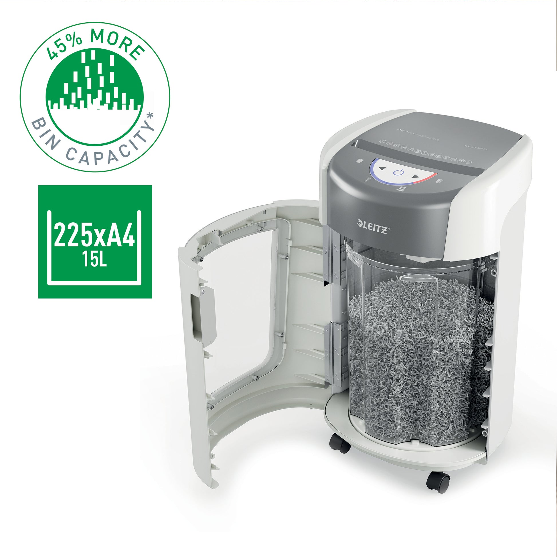 Leitz IQ OptiMax 225 – Aktenvernichter, DIN P-5, Partikelschnitt 2 × 15 mm, 6 Blatt, 15 l