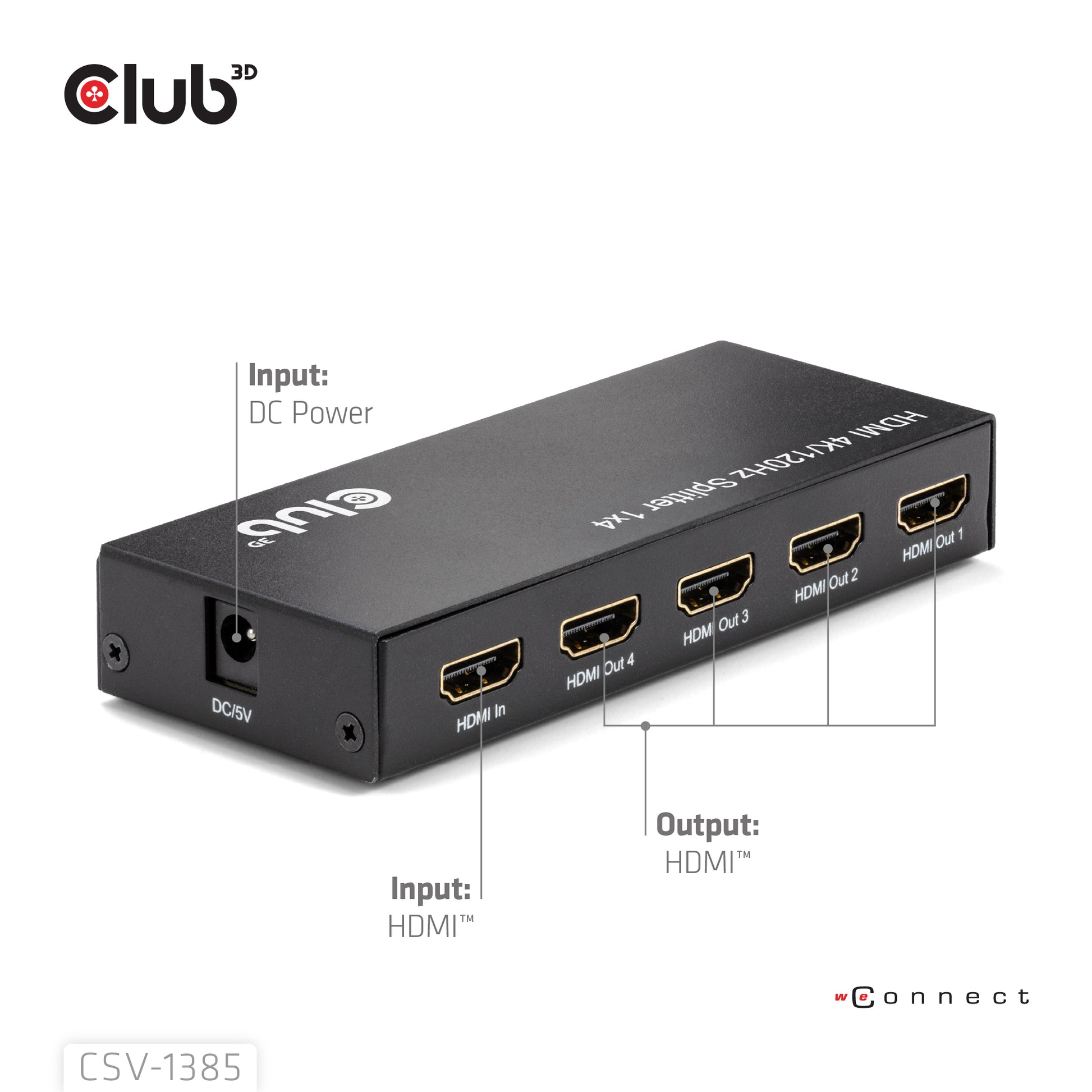 CLUB3D HDMI Splitter 1 zu 4 – 4× HDMI, 4K (3840 × 2160) – Passiv, HDCP 1.4/2.2 – Schwarz