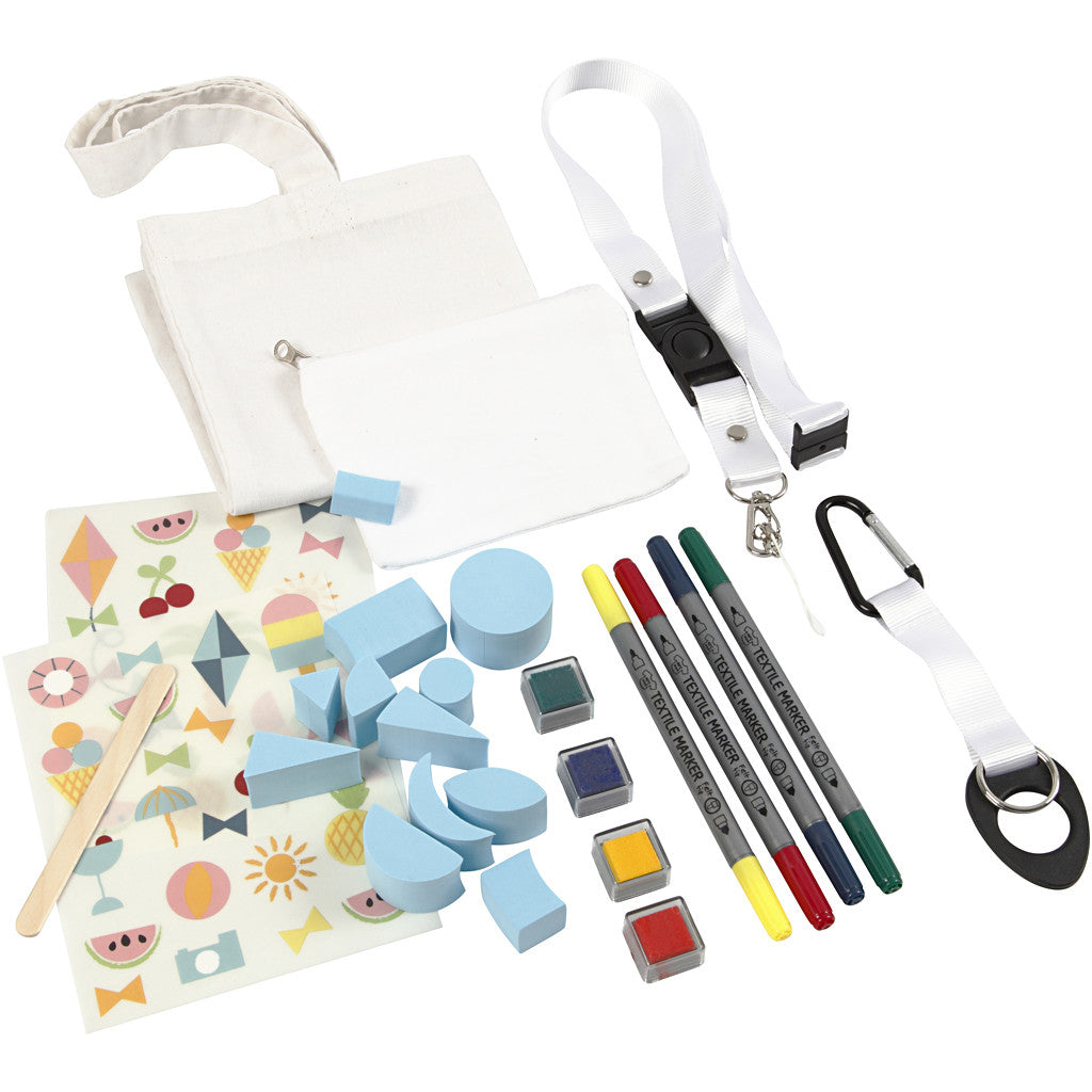 Creativ Company Sommer – Textil-Bastelset – inkl. Textilmalstifte, Stempel & 4 Textilteile – Mehrfarbig