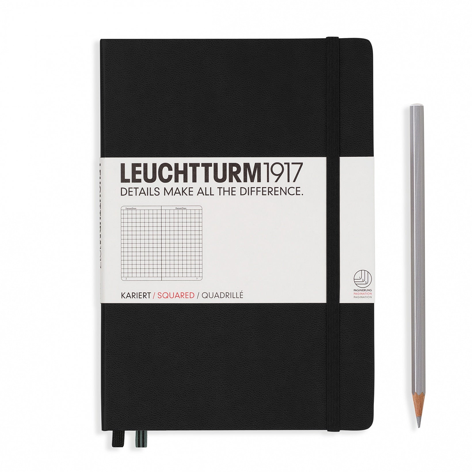 Leuchtturm Notizbuch – A5 – kariert 5 mm – 249 Seiten – 80 g/m² – Hardcover, Gummiband, 2 Lesezeichen, schwarz