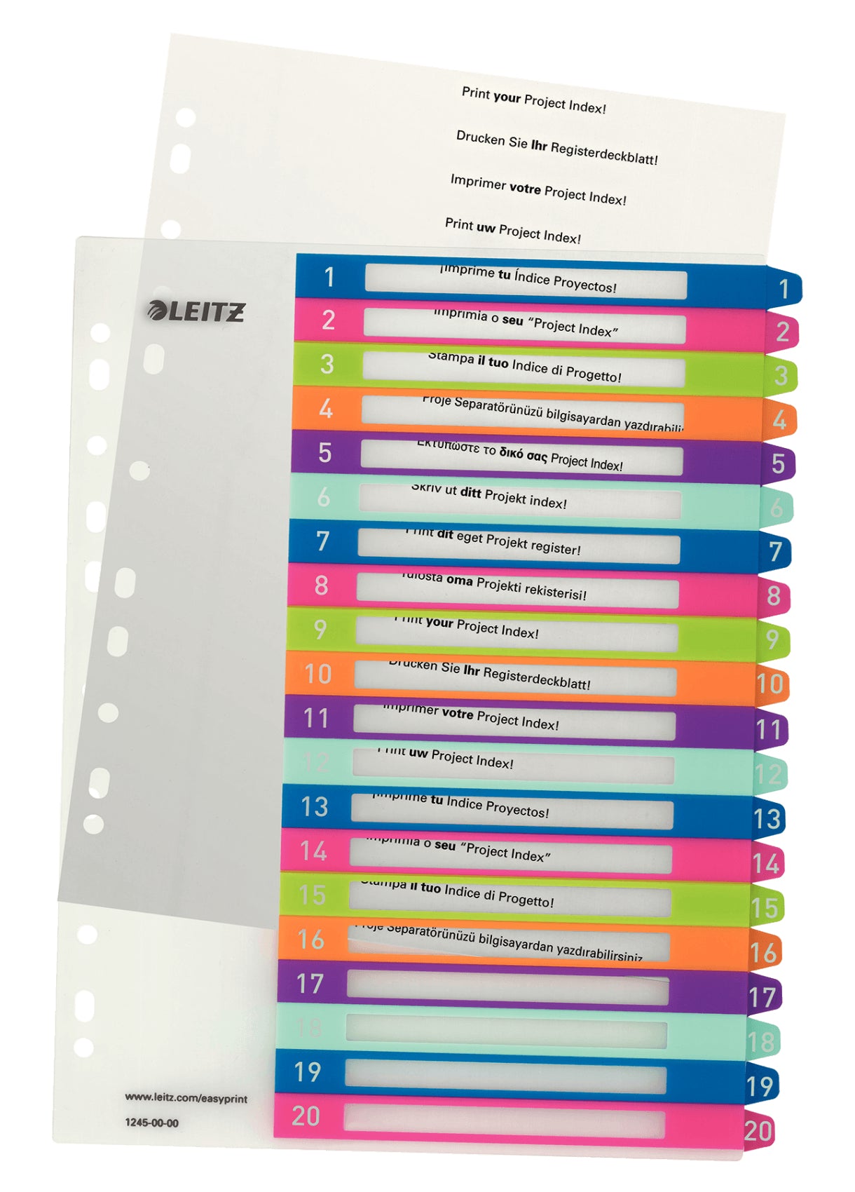 Leitz Register A4 – nummeriert 1–20, 20 Taben, PP mehrfarbig, 11-fach, druckbar