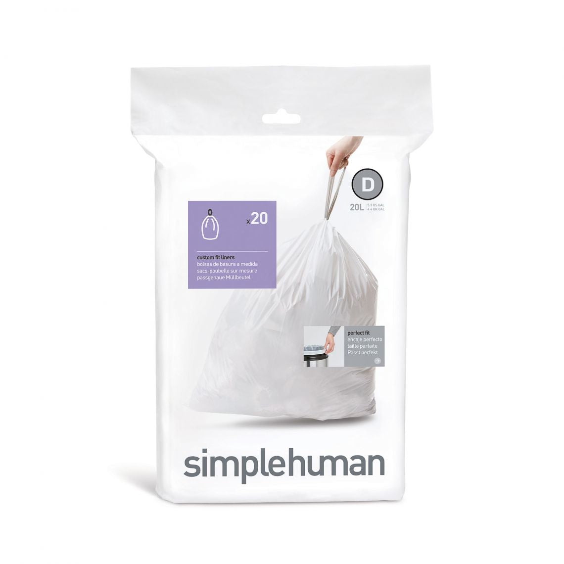 simplehuman Kehrichtsack CW0163 für Code D – 20 l, mit Zugband, PE, weiss, 20 Stk