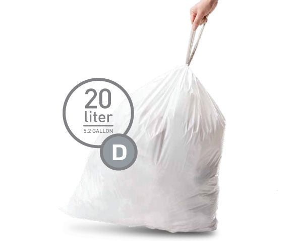 simplehuman Kehrichtsack CW0163 für Code D – 20 l, mit Zugband, PE, weiss, 20 Stk