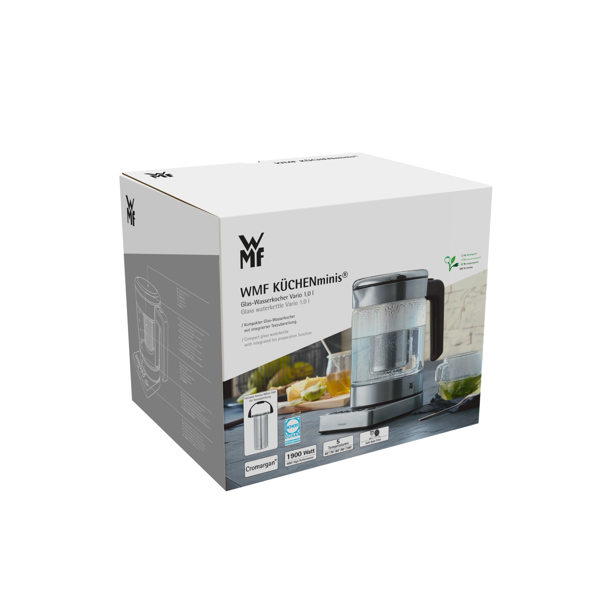 WMF KÜCHENminis Wasserkocher – 1 l, mit Temperaturwahl, Warmhaltefunktion, Glas, 04131800