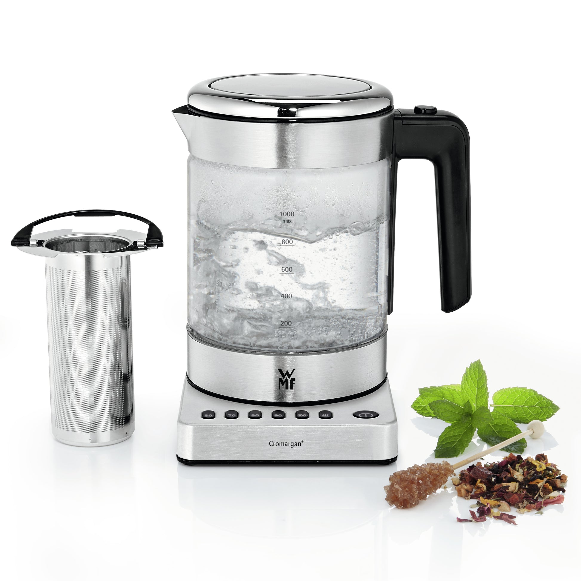 WMF KÜCHENminis Wasserkocher – 1 l, mit Temperaturwahl, Warmhaltefunktion, Glas, 04131800