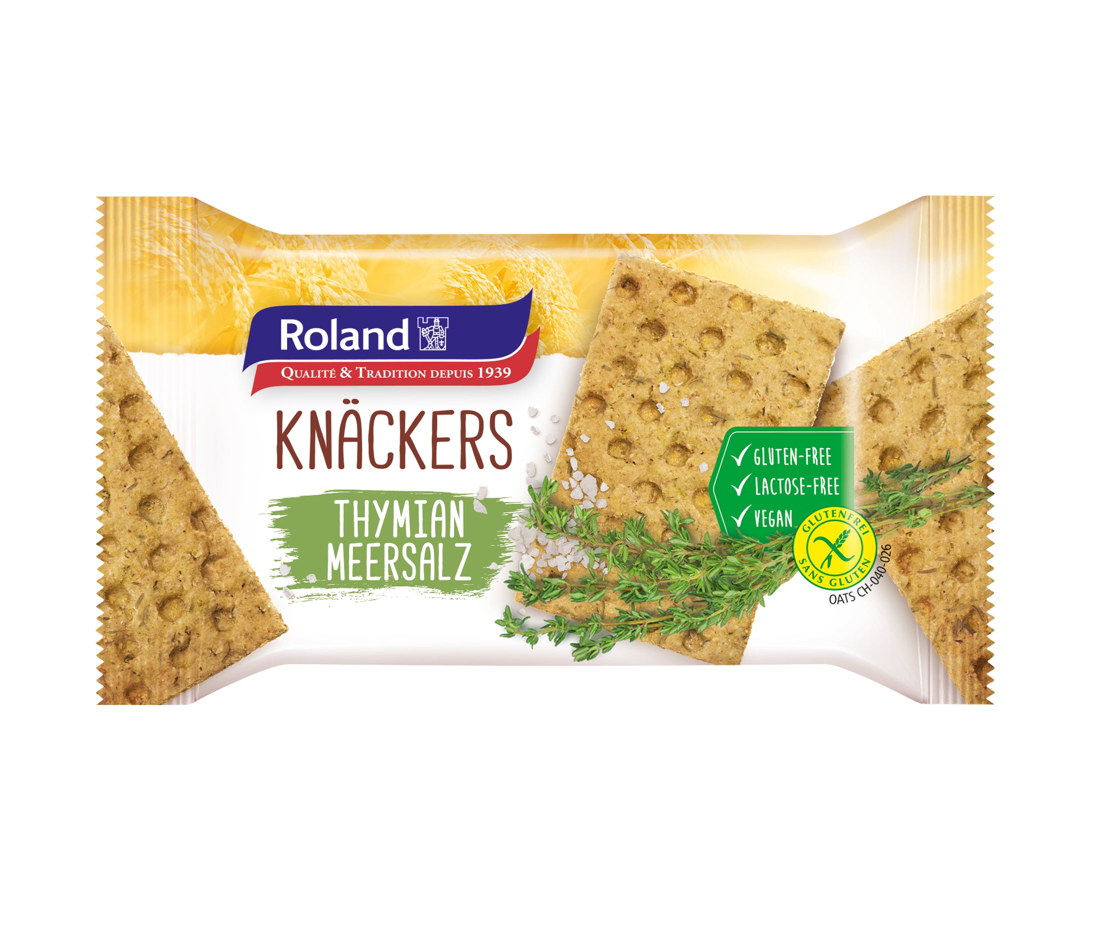 Roland Foods Knäckers Cracker – Thymian & Meersalz, glutenfrei, vegan – 140 g