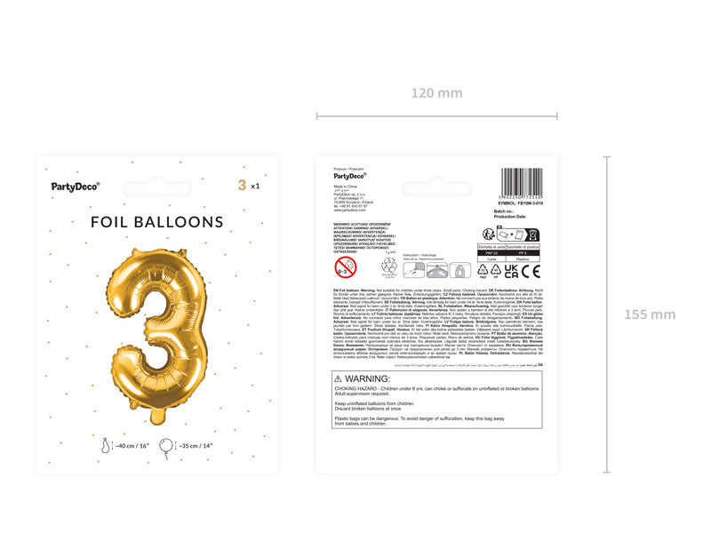 PartyDeco Folienballon Zahl 3 – Gold – 35 cm – Folie – 1 Stk