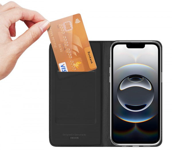 Nevox Vario Folio – für Apple iPhone 16e, mit Ständer, mit Kartenfach, PU+TPU, schwarz, Magnetverschluss