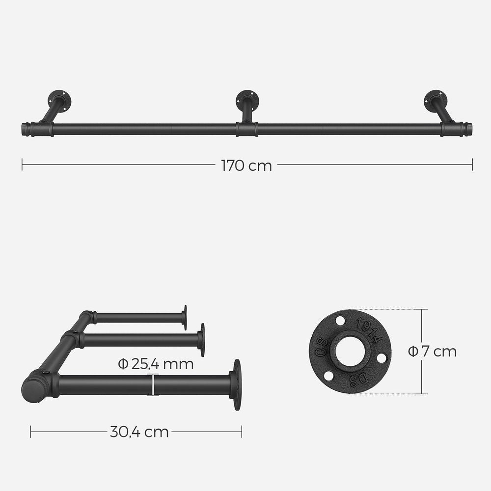 Songmics Wandgarderobe – Stahl, Schwarz, 170 × 30,4 × 7 cm, Traglast 68 kg