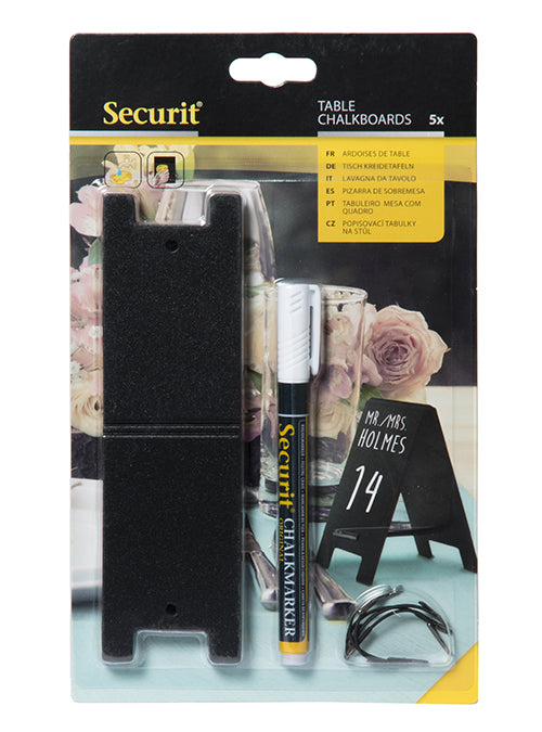Securit Tischkreidetafel – 50 × 170 mm hoch – Kunststoff, schwarz – inkl. Kreidestift – 5 Stk.