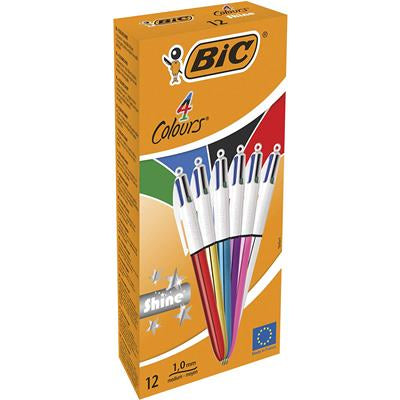 BIC 4 Colours Shine Multifunktions-Kugelschreiber – 4 Farben, Spitze 1 mm, nachfüllbar, 12er Pack