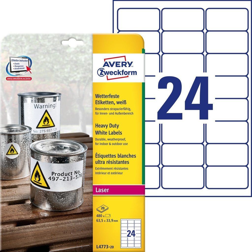 Avery Drucketiketten, 64 mm × 34 mm, weiss, Folie, extra stark, 20 Blätter (480 Etiketten)