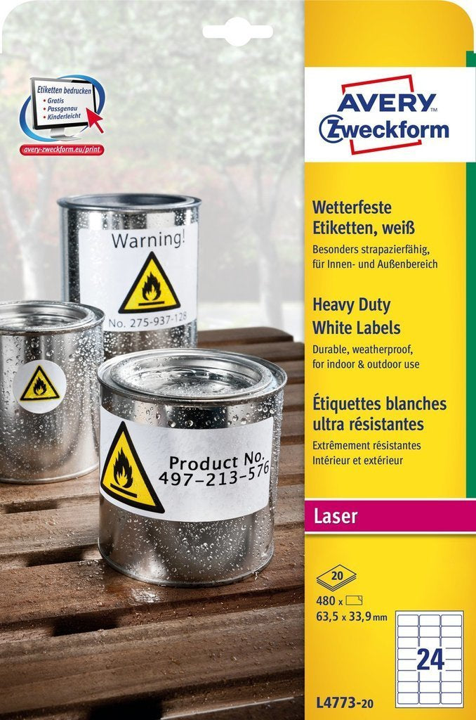 Avery Drucketiketten, 64 mm × 34 mm, weiss, Folie, extra stark, 20 Blätter (480 Etiketten)