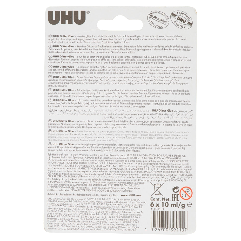 UHU Glitzerkleber Shiny – farbig sortiert – Set 6 × 10 ml – auswaschbar, lösungsmittelfrei – zum Basteln