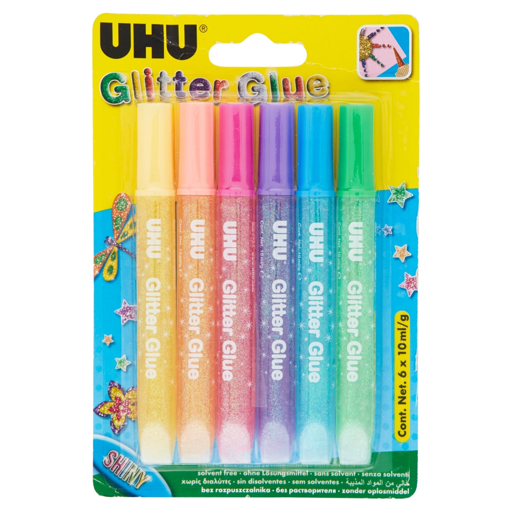 UHU Glitzerkleber Shiny – farbig sortiert – Set 6 × 10 ml – auswaschbar, lösungsmittelfrei – zum Basteln