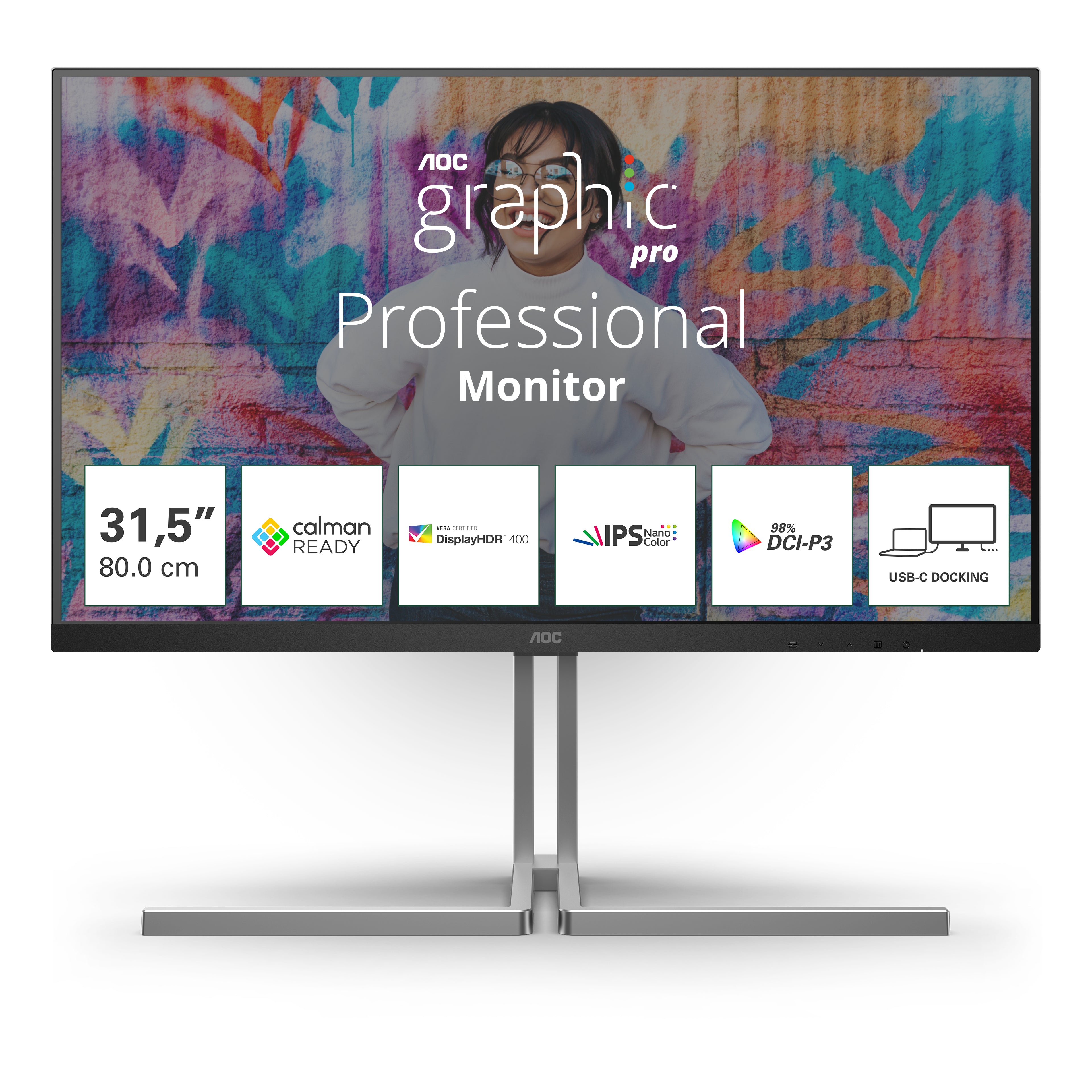 AOC U32U3CV – Monitor, 31,5", 400 cd/m², 3× USB-C, KVM, Integrierte Lautsprecher, VESA 100 × 100, Schwarz