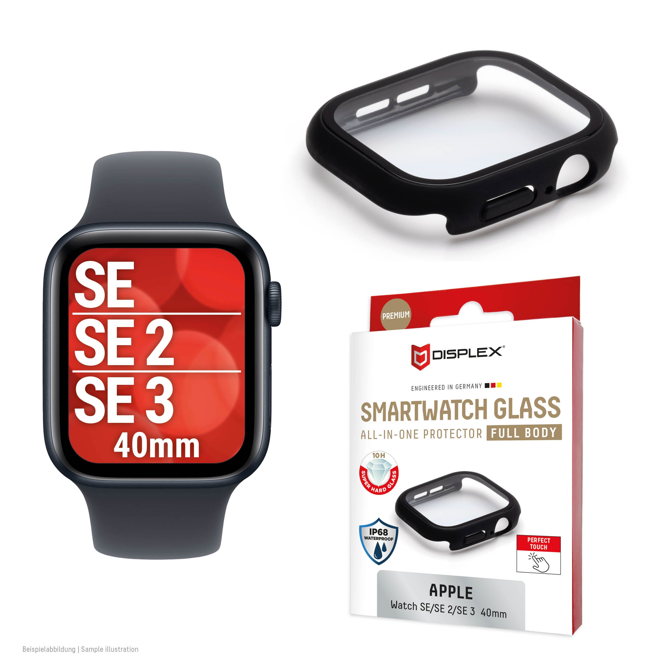 Displex 40 mm – Polycarbonat & Gehärtetes Glas, Schwarz, für Apple Watch SE3/SE2/SE