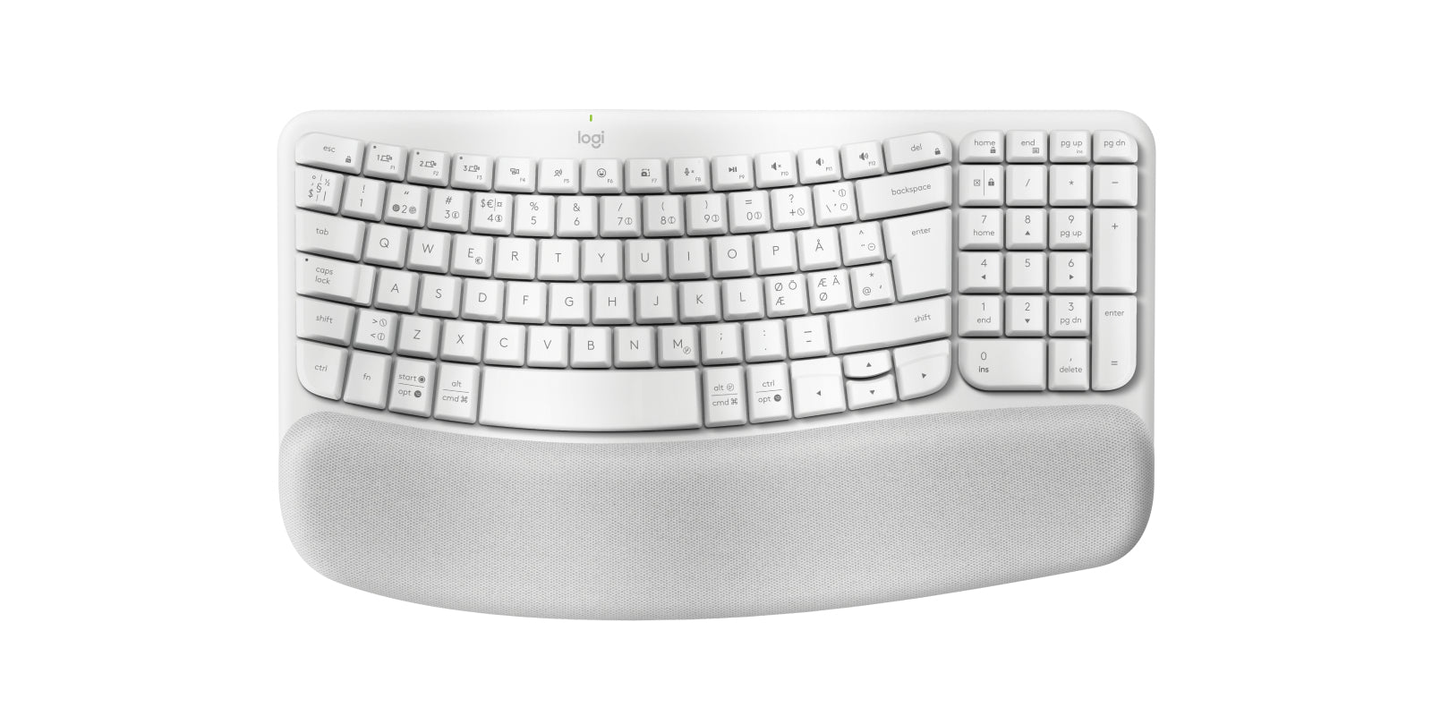 Logitech Wave Keys – Ergonomische Tastatur – Bluetooth & 2,4 GHz (Logi Bolt USB‑A) – QWERTY (Nordic) – Weiss