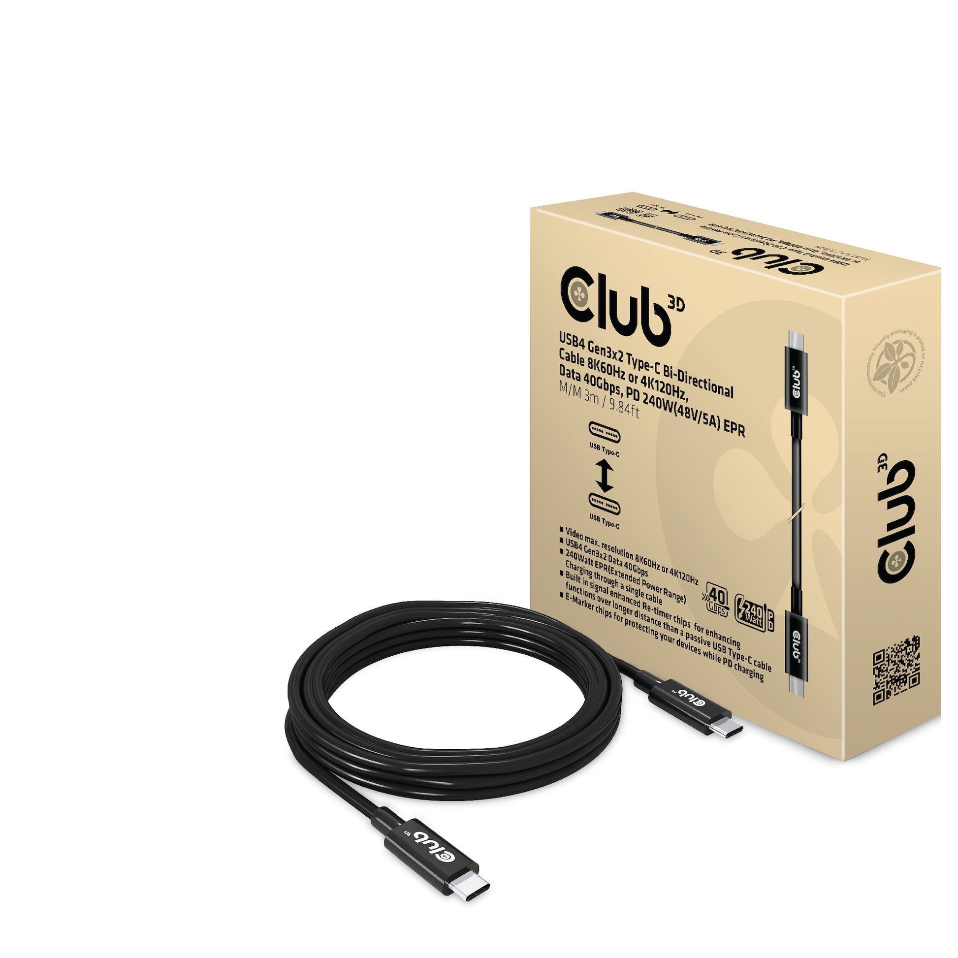 CLUB3D USB-Kabel, USB-C zu USB-C, 3 m, USB4, Lade-/Datenkabel