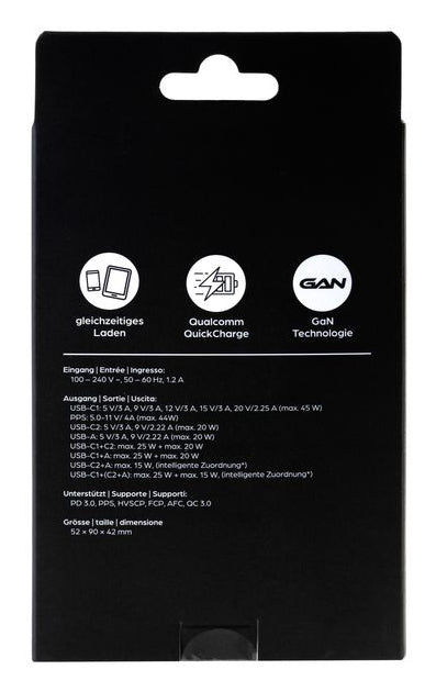 ONIT F02799 USB-Ladegerät 45 W – USB-C×2, USB-A×1 – PD 3,0, PPS, QC 3,0, GaN – EU-Stecker (Typ C) – Schwarz