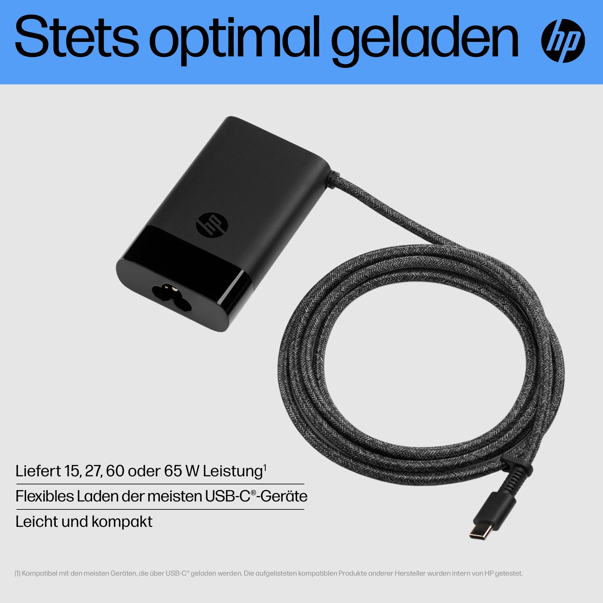 HP USB-C 65 W Laptop-Netzteil – USB-C, inkl. USB-C-Kabel – für Laptops – Schwarz
