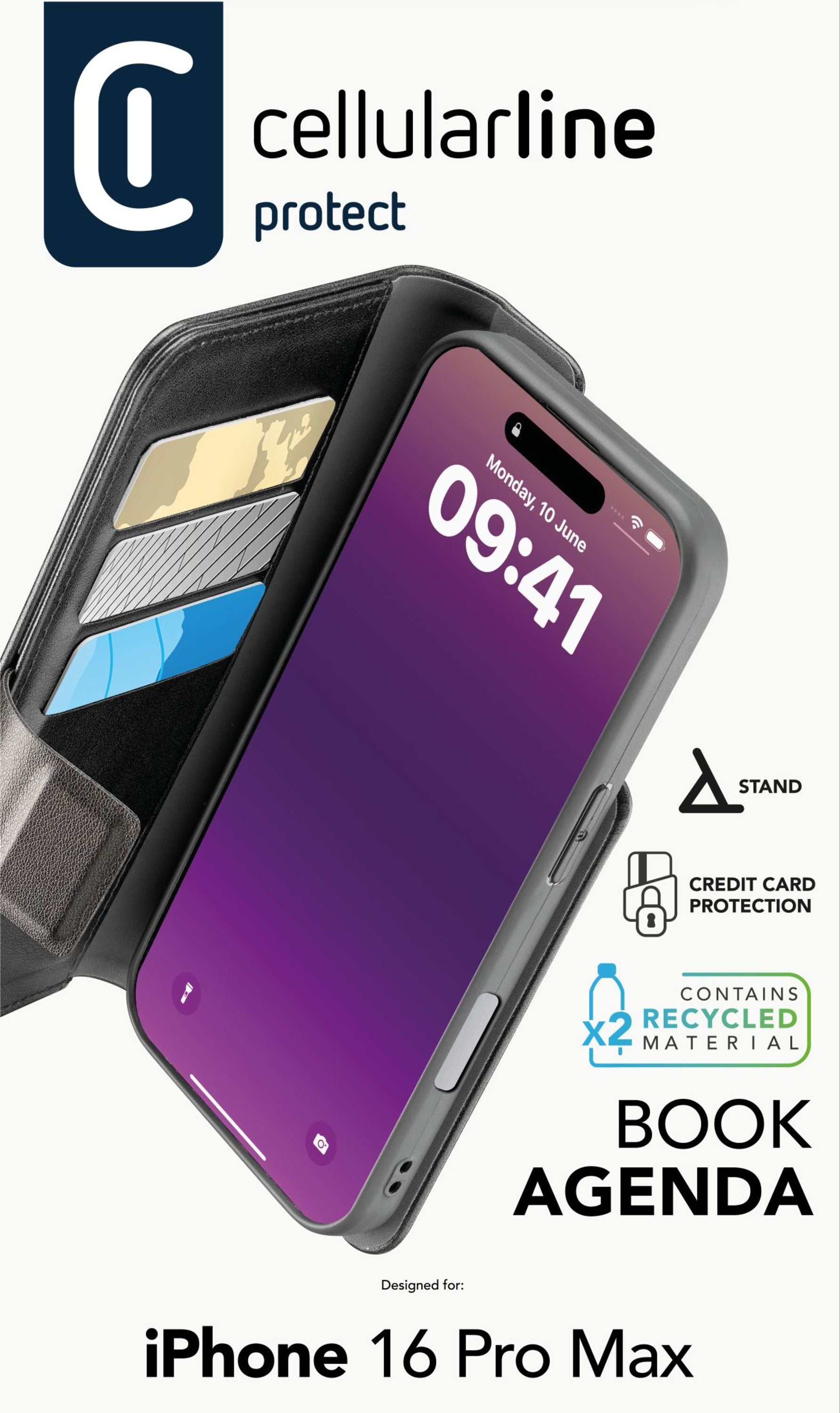 Cellularline Book Agenda 2 Wallethülle – für Apple iPhone 16 Pro Max, PU, Schwarz, Magnetverschluss