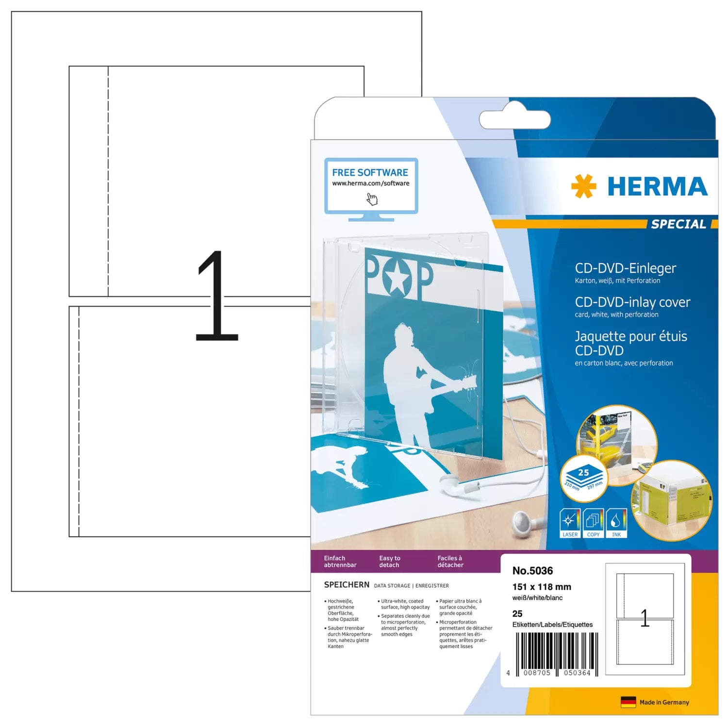 HERMA Druckkarten A4 (151 × 118 mm), 170 g/m², weiss, Karton – für Inkjet, Laser, Kopierer – 25 Karten