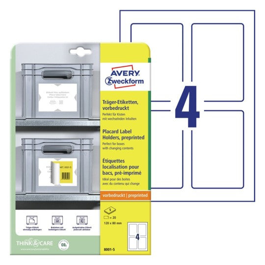 AVERY Zweckform 8001-5 – Etiketten A4 80 × 120 mm – Polypropylen, glänzend, weiss/hellgrau – 4 pro Blatt, 5 Blätter