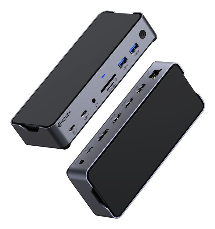 eSTUFF GLB232006 Dockingstation – USB-C, 1× DP, 2× HDMI, 3× USB-A, 2× USB-C, 100 W PD, GbE, SD/microSD