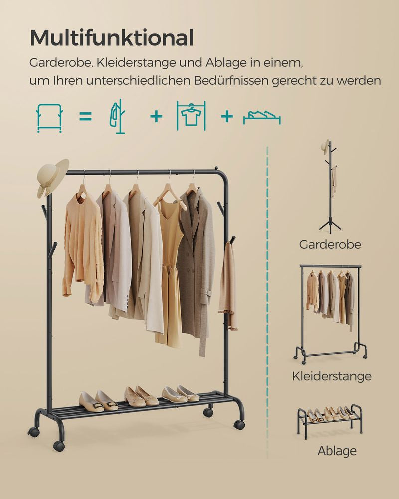 Songmics Garderobenständer (4 Haken, mit Rollen) – Stahl – Schwarz – 1550 mm