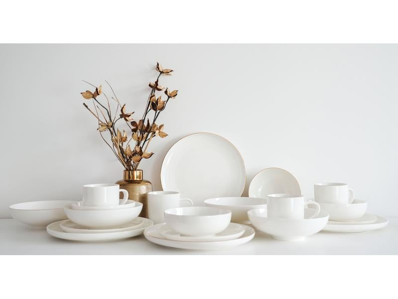 Furber. Furber Geschirrset – 20-teiliges Set, Ø 26,5 cm, Knochenporzellan, Weiss/Gold, spülmaschinenfest
