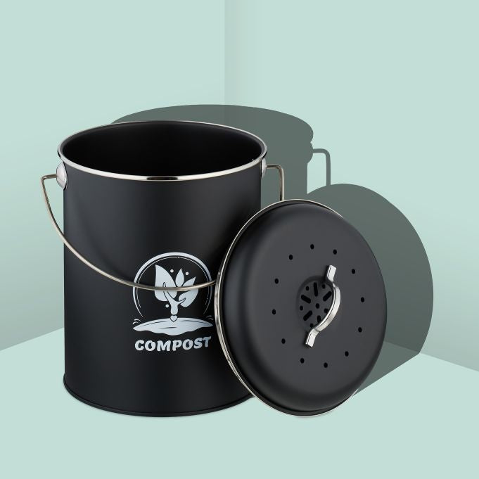 Relaxdays Komposteimer – 5,5 l – Eisen, rund – silber/schwarz – mit Filter