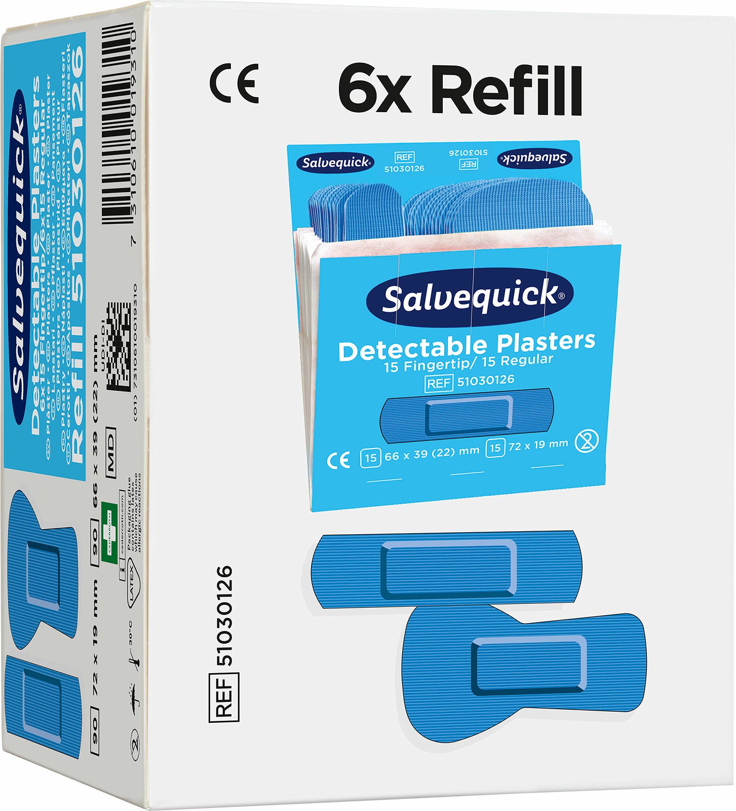 Cederroth Salvequick Fingerkuppen-Pflaster Nachfüllpackung – detektierbar – sortiert – 6 × 30 Stk.
