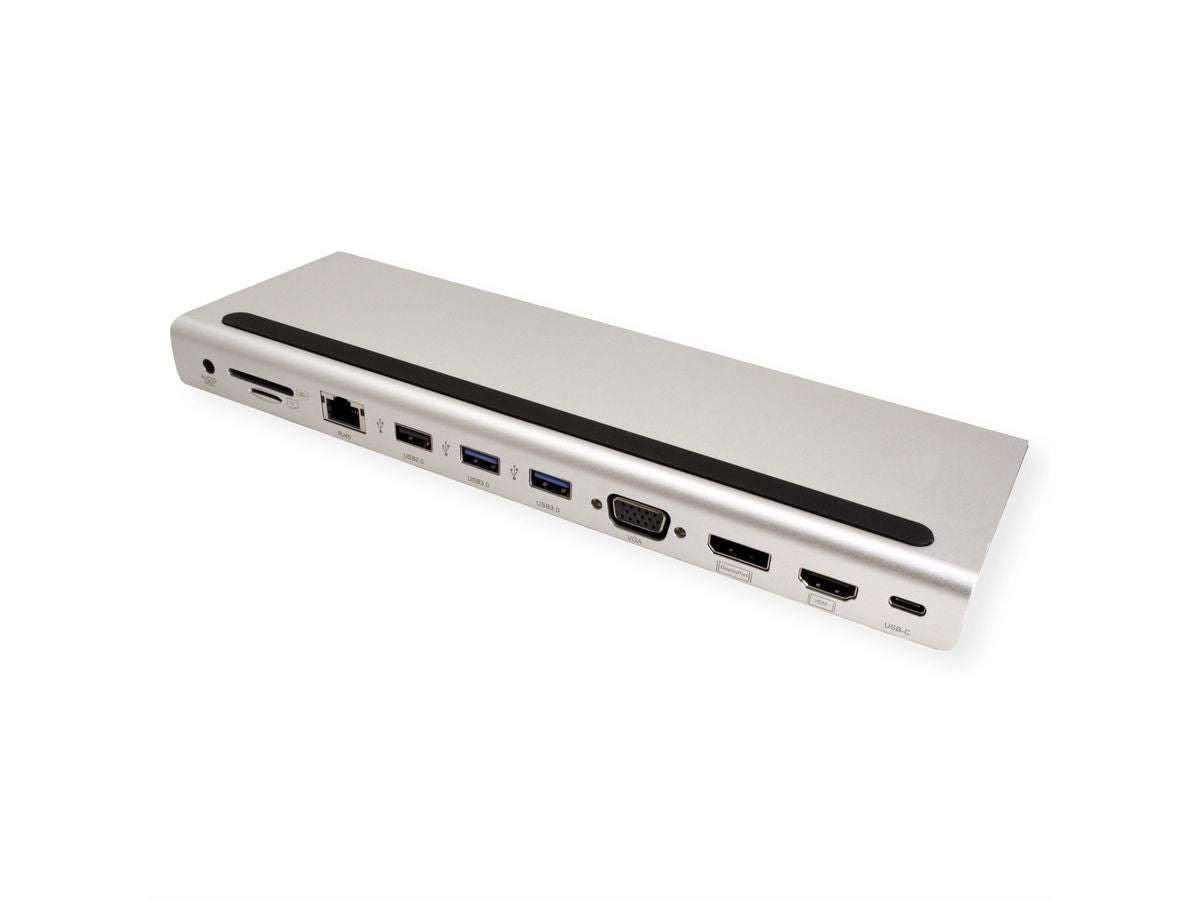 VALUE Dockingstation – USB-C, DP/HDMI/VGA, 3× USB-A, GbE, SD/microSD, 3,5 mm Audio, für Windows/Mac