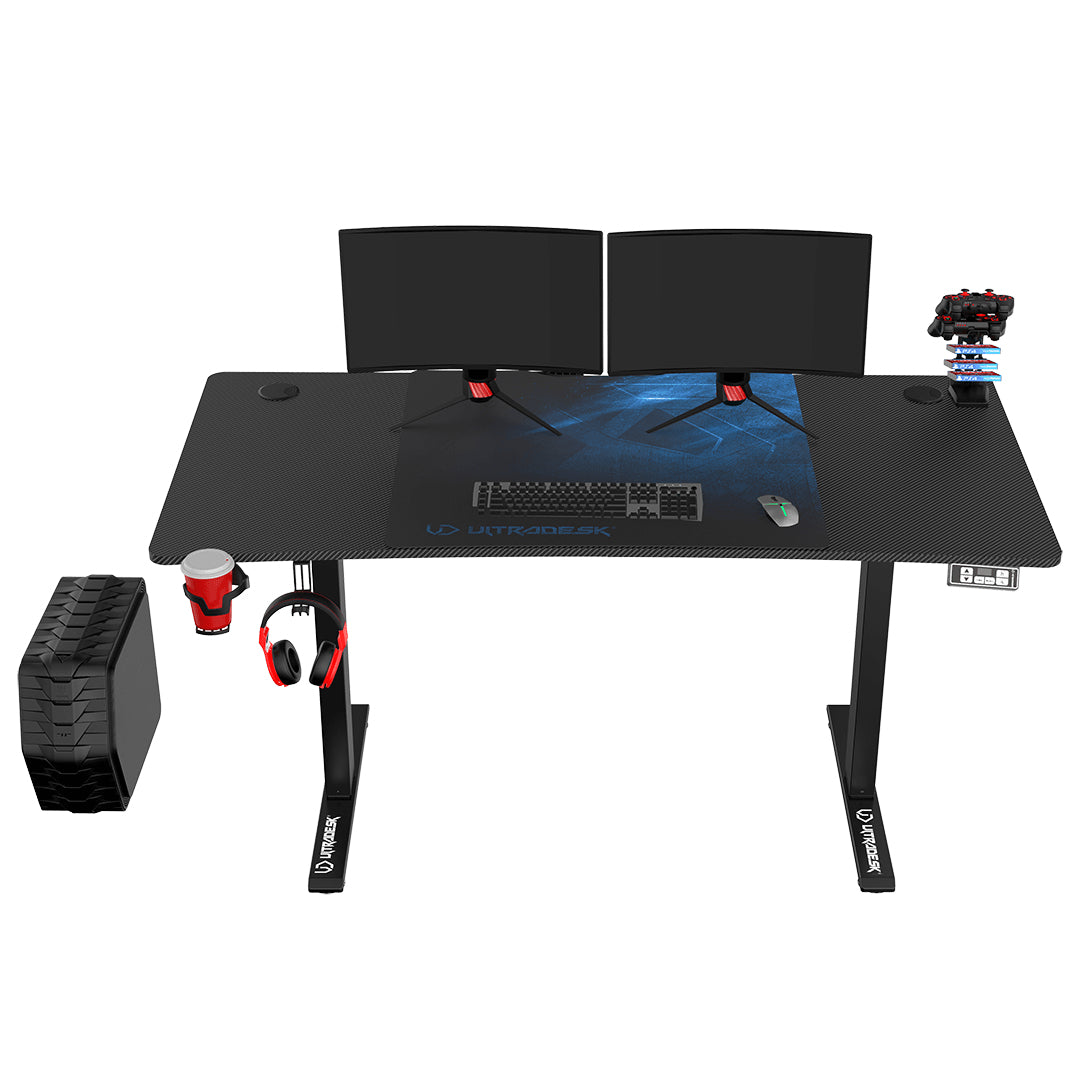 Ultradesk Level V2 Gaming-Tisch – 140 × 68 cm, höhenverstellbar, schwarz/blau, Stahl