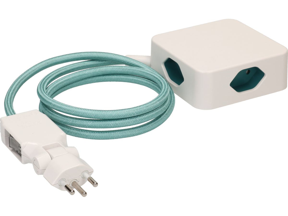 maxTEX Cube Steckdosenleiste – 4× T13, 2 m, ohne Schalter, IP20, weiss/türkis