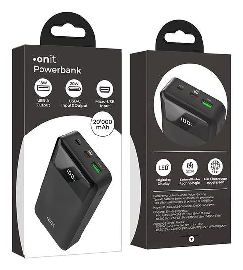 ONIT Powerbank 20'000 mAh – 20 W PD, 1× USB-C, 1× USB-A, schwarz