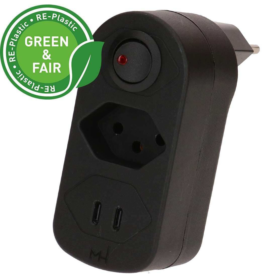 Max Hauri AG Max Hauri ADAPT Abzweigstecker 1×T13 – USB‑C×2, PD 20 W – T12 Eingangsstecker (abgewinkelt) – schwarz