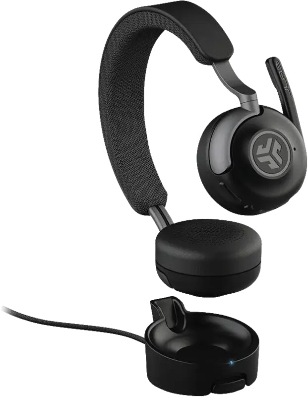 JLab Epic Work Office-Headset – On-Ear, Stereo, Kabel + BT, ANC, mit USB-C-Dongle, mit Ladestation, Schwarz