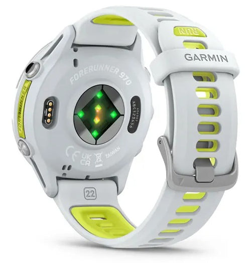 Garmin Forerunner 970 – GPS-Smartwatch – 47 mm, 1,4" AMOLED, Saphirglas, 5 ATM, Gelb, Weiss Sportarmband