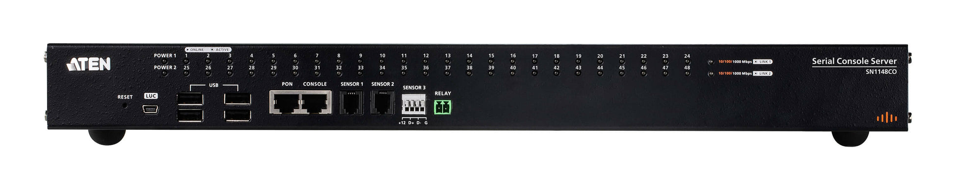 ATEN SN1148CO Serieller Konsolenserver – 48× serielle Ports, 2× SFP, 4× USB 2.0, Dual Power – Schwarz