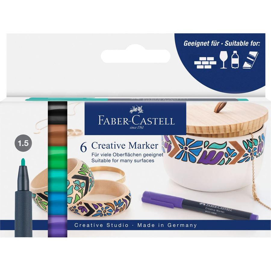 Faber-Castell Non-Permanent Marker Creative – Rundspitze 1,5 mm – Sortiert – 6er-Set – Trocken abwischbar