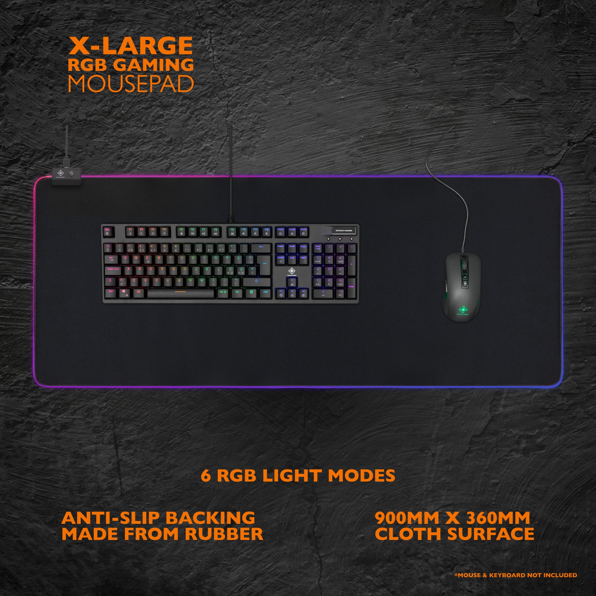 Deltaco Gaming DMP310 – Gaming-Mauspad – 900 × 360 mm, RGB, Stoff, Gummi, Schwarz