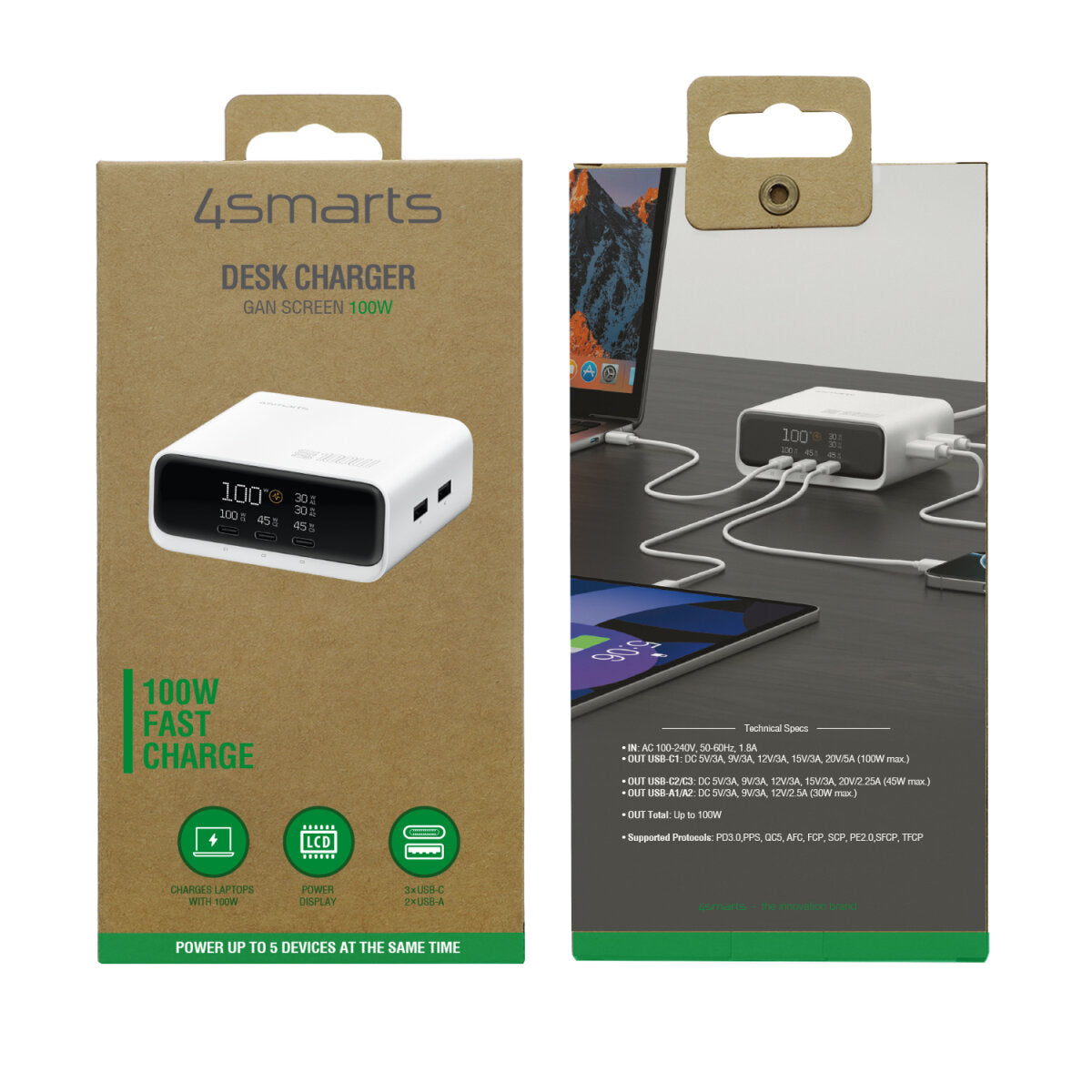 4smarts Desk Charger GaN Screen – 100 W, 3× USB-C + 2× USB-A – für Nintendo Switch, Laptop, Smartphone