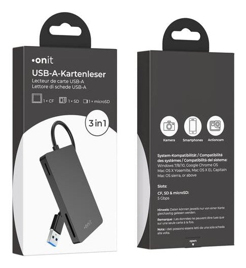 ONIT USB-Kartenleser USB-A – CF, microSD, SD – USB 3.2 Gen 1 (5 Gbit/s) – Schwarz