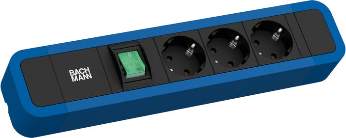 Bachmann PRIMO 2 Steckdosenleiste, 3×Schuko (Typ F), mit beleuchtetem Schalter, 2 m, Aluminiumgehäuse – blau