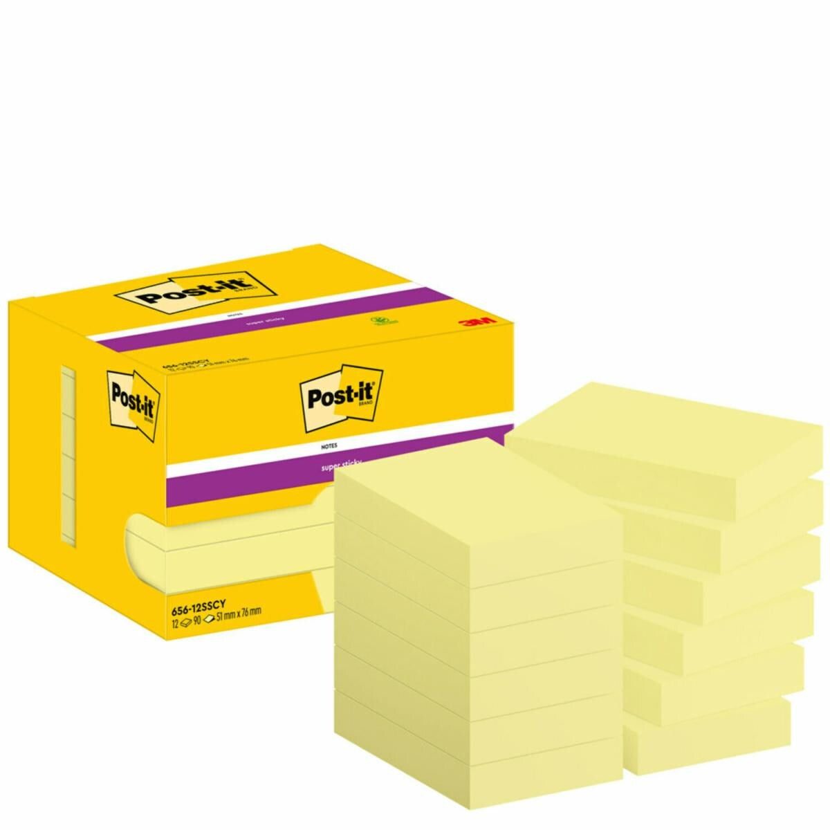 Post-it Haftnotizen Super Sticky – 76×51 mm – gelb, 12×90 Blatt, PEFC